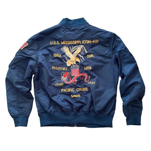 NWT SCHOTT Embroidered Jacket in Navy Blue  Flight Naval Bomber  MEN'S XL - Picture 11 of 11